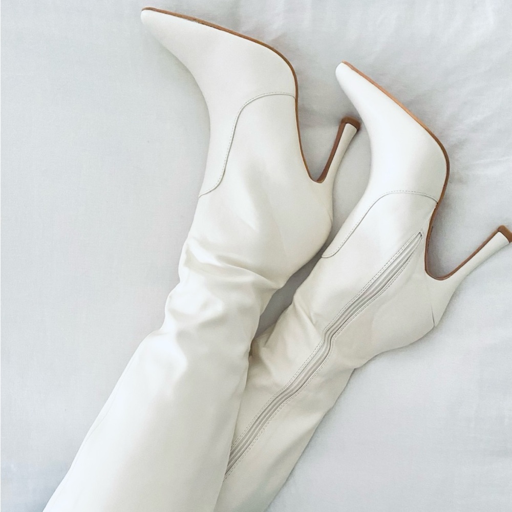 Boohoo Cream Knee High Boots